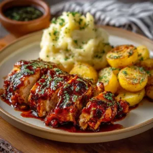 Honey BBQ Chicken Potatoes served on a plate, garnished with fresh herbs.