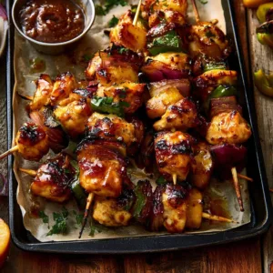 Jalapeño peach chicken skewers grilled to perfection with vibrant colors.
