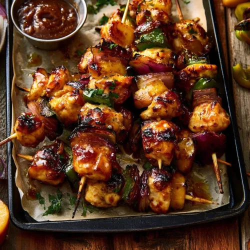 Jalapeño peach chicken skewers grilled to perfection with vibrant colors.