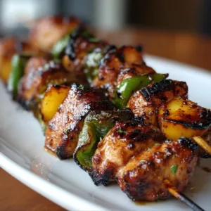 Jalapeño Peach Chicken Skewers served on a grill plate with fresh ingredients