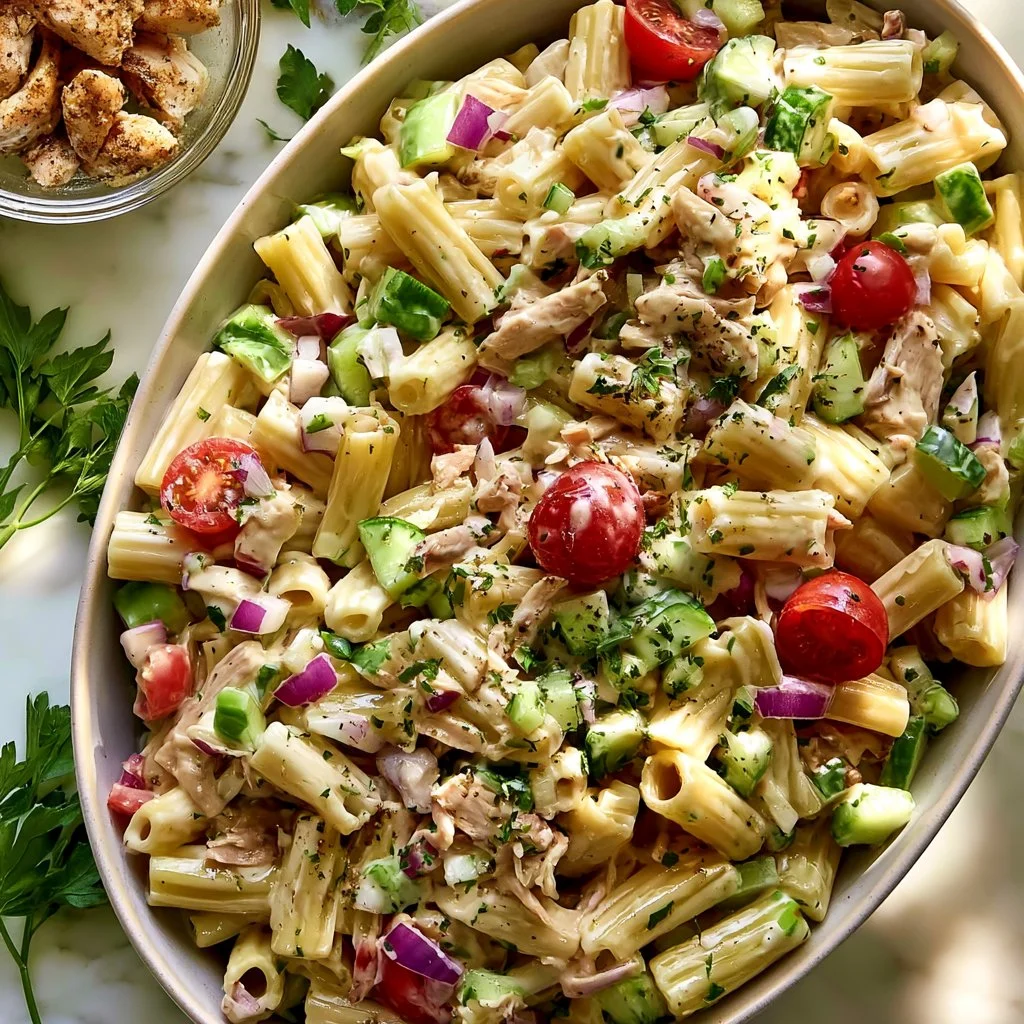 Delicious balsamic chicken pasta salad with fresh ingredients and vibrant colors