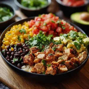 One-pan chicken burrito bowl with rice, beans, and fresh toppings