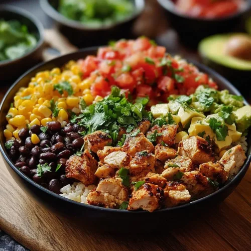One-pan chicken burrito bowl with rice, beans, and fresh toppings