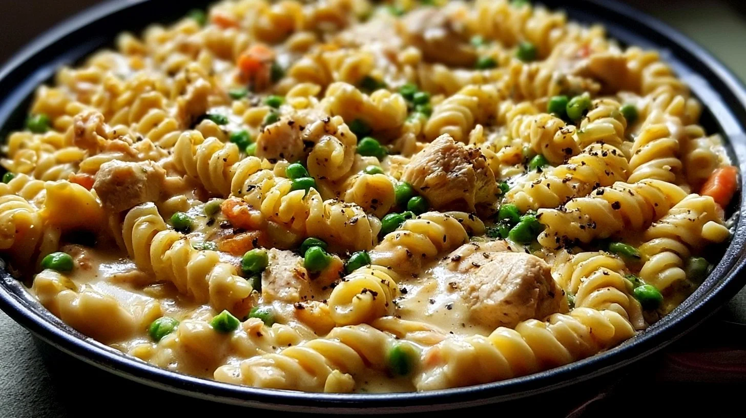 One-Pan Creamy Chicken and Vegetable Fusilli with Garden Peas and Carrots