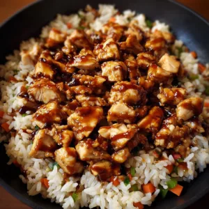 Delicious one-pan honey BBQ chicken with rice, garnished with herbs.