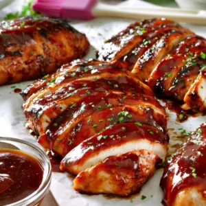 Oven roasted BBQ chicken garnished with herbs and served on a plate