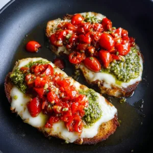 Pesto Bruschetta Chicken topped with fresh basil and cherry tomatoes