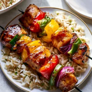 Grilled Pineapple Chicken Kabobs skewers with colorful vegetables