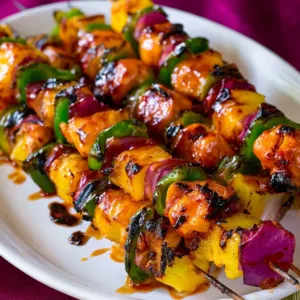 Grilled Pineapple Chicken Kabobs with colorful vegetables on skewers