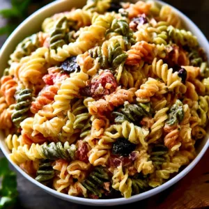 Colorful Ranch Pasta Salad with fresh vegetables and dressing