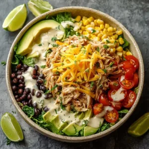 Delicious rotisserie chicken taco salad served in a bowl with fresh toppings.