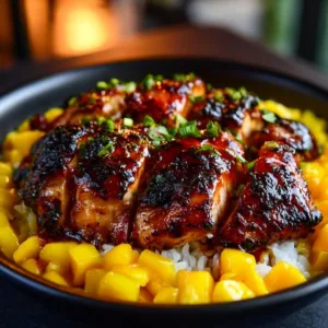 Savory Asian mango glazed chicken twists served on a plate