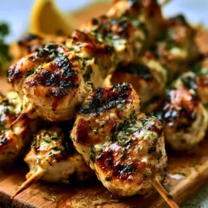 Savory Garlic Parmesan Chicken Skewers on a grill served hot and garnished