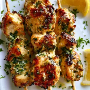 Grilled garlic parmesan chicken skewers served on a platter