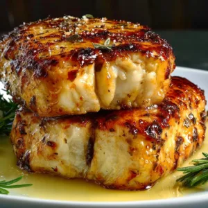 Juicy baked chicken breast served on a plate with herbs and spices