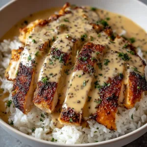 Delicious smothered chicken served over a bed of fluffy rice.