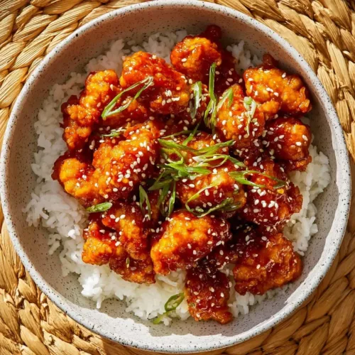 Delicious sticky sweet chili chicken dish garnished with herbs.