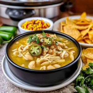 Bowl of 5 ingredient white chicken chili topped with cilantro and avocado.