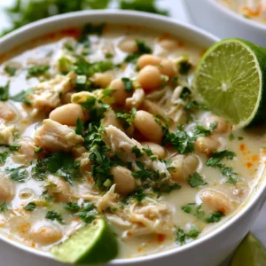 Bowl of authentic white chicken chili topped with cilantro and lime