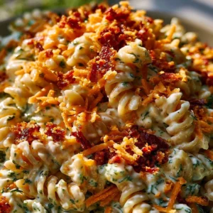 Bacon Ranch Pasta Salad with colorful vegetables and pasta, fresh and delicious.