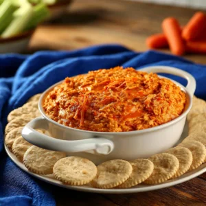 Baked Buffalo Chicken Dip in a ceramic dish, ready to serve with chips.
