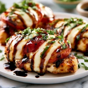 Baked Caprese Chicken topped with fresh basil, mozzarella, and tomatoes