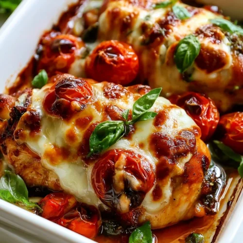Baked Caprese Chicken topped with fresh basil and mozzarella