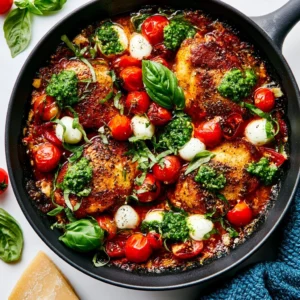 Baked Caprese Chicken with mozzarella, tomatoes, and basil on a plate.
