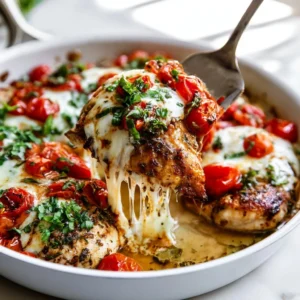 A delicious baked Caprese chicken skillet topped with fresh mozzarella, tomatoes, and basil.