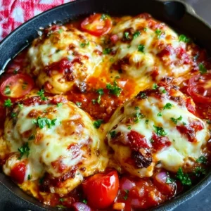 Plate of Baked Chicken Caprese topped with mozzarella, tomatoes, and basil.