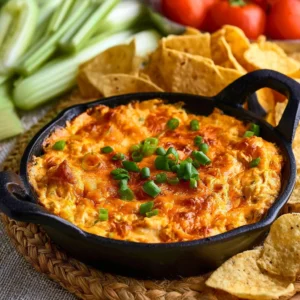 Creamy and spicy Buffalo Chicken Dip served in a bowl with tortilla chips.