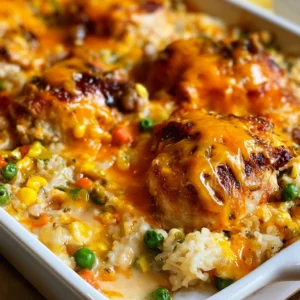 Delicious homemade chicken rice casserole served in a baking dish.