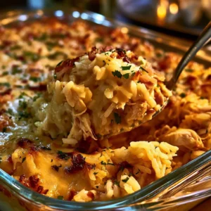 Delicious chicken and rice casserole served in a baking dish