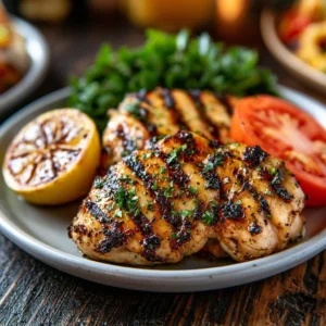 Delicious grilled chicken on a plate garnished with herbs and spices