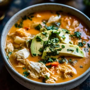 A bowl of high protein white chicken chili garnished with cilantro and served with tortilla chips.