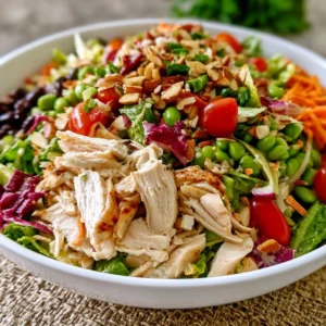 Delicious bowl of best rotisserie chicken salad with fresh vegetables and dressing.