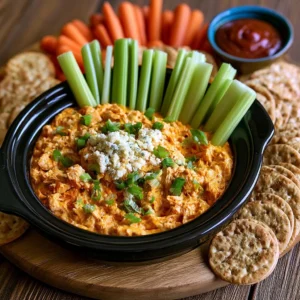 Delicious slow cooker buffalo chicken dip ready to serve with tortilla chips