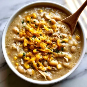 Bowl of delicious stovetop white chicken chili topped with cilantro and cheese