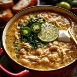 A bowl of creamy white chicken chili garnished with cilantro and jalapeños.