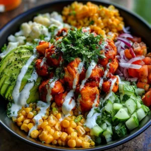 Delicious Buffalo Chicken Bowl with chicken, vegetables, and spicy sauce