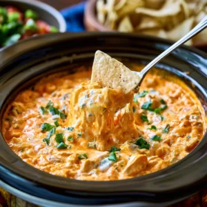 Delicious Buffalo Chicken Dip prepared in a crock pot, perfect for parties.