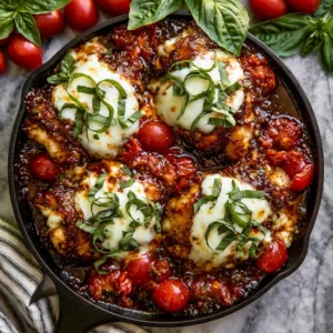 Caprese Chicken Skillet with mozzarella, tomatoes, and fresh basil in a skillet