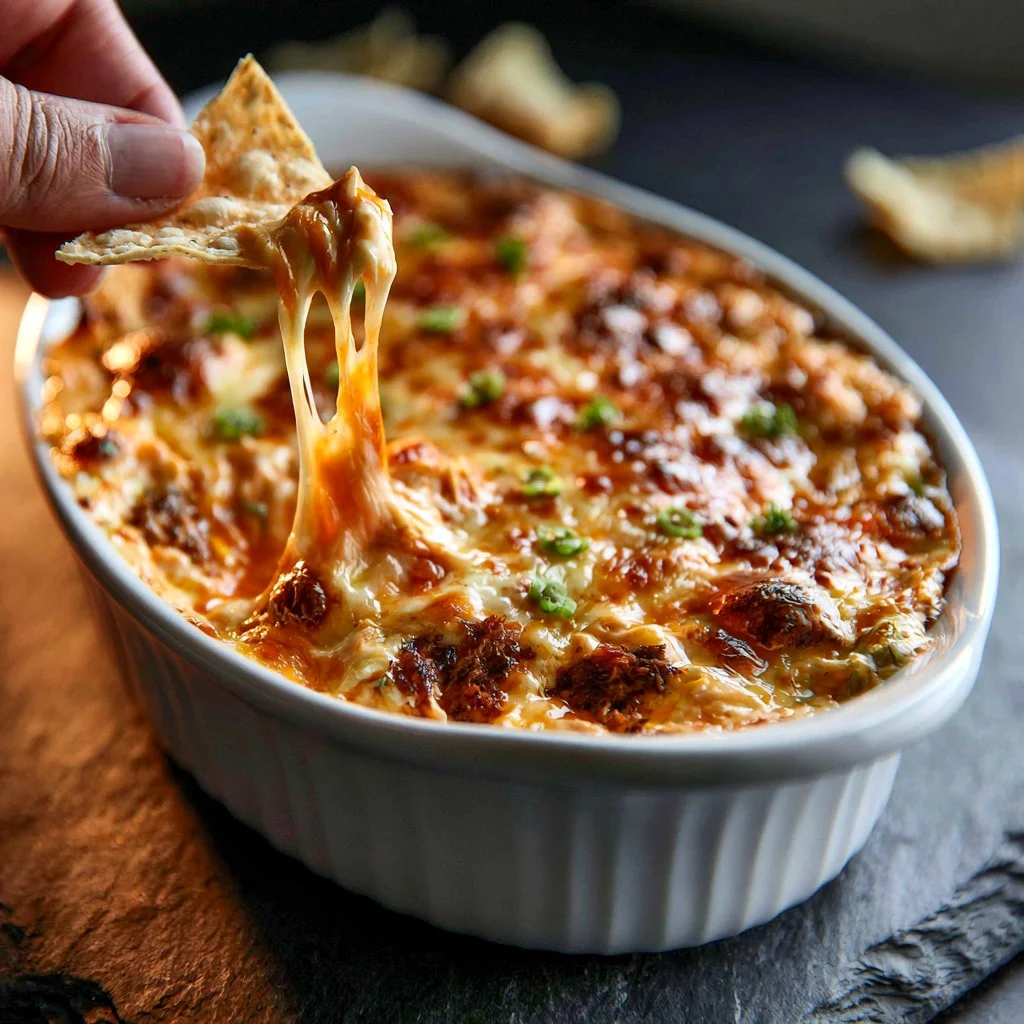 Delicious Cheesy Buffalo Chicken Dip served with tortilla chips