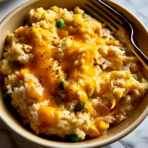 Delicious cheesy chicken and rice casserole served in a baking dish