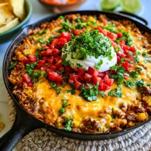 Cheesy Taco Rice Skillet topped with melted cheese and fresh toppings
