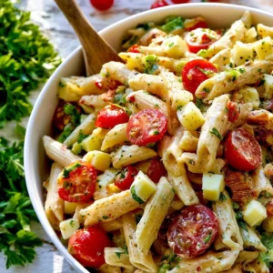 Delicious Chicken Club Pasta Salad with fresh ingredients and flavors