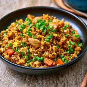 Delicious chicken fried rice made in one wok, served hot and ready to enjoy.