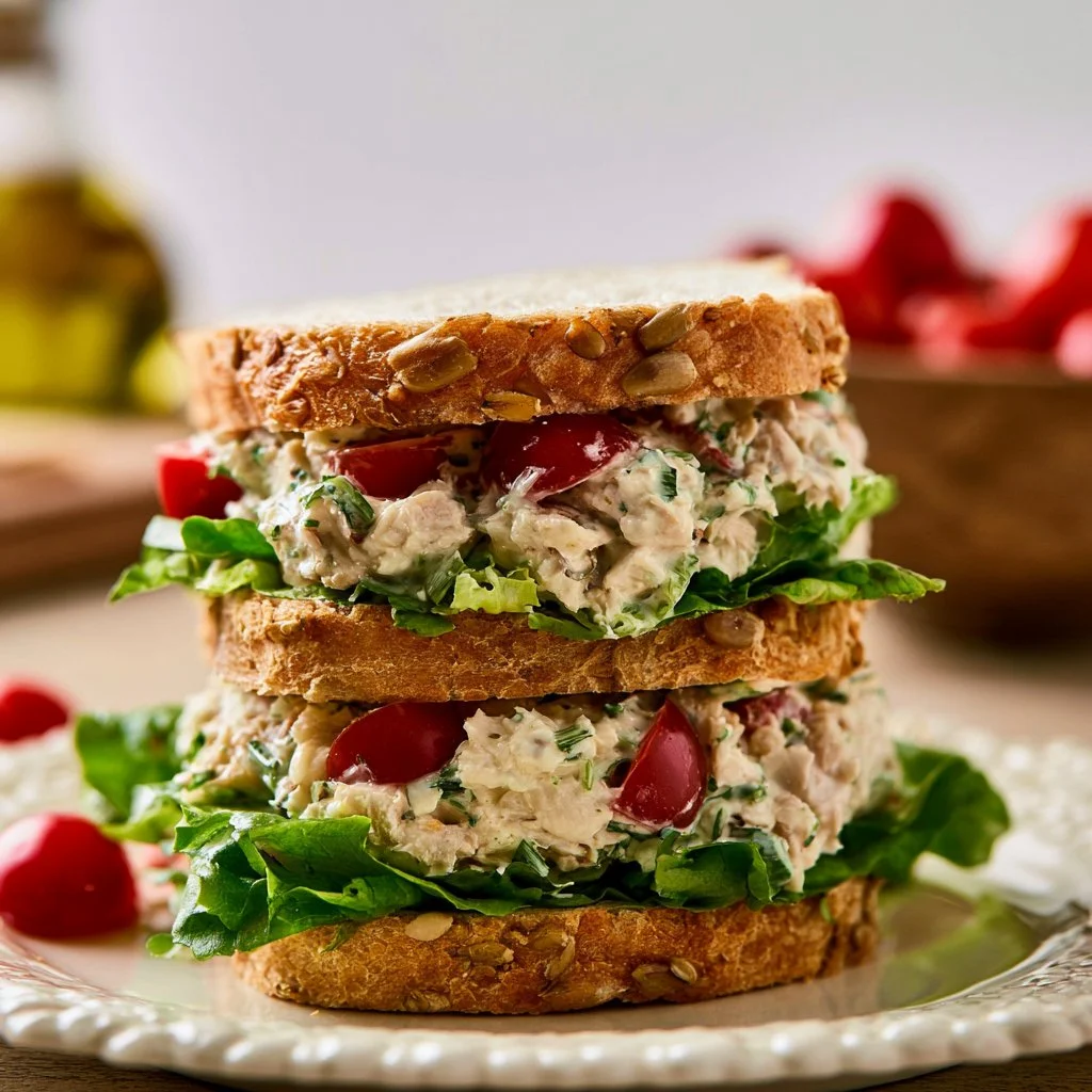 Classic chicken salad sandwich with fresh ingredients and a side of greens