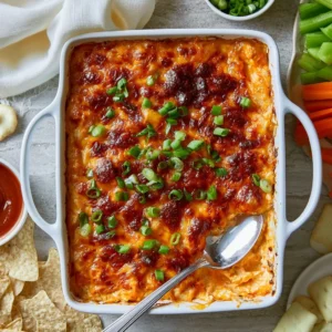Cottage Cheese Buffalo Chicken Dip served in a bowl