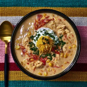Comforting Crock-Pot white chicken chili topped with cilantro and jalapeños
